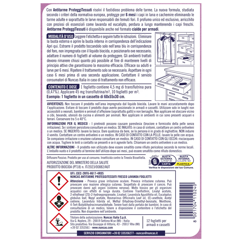 Antitarme proteggitessuti Foglietti Fresco Lavanda - 12 pezzi