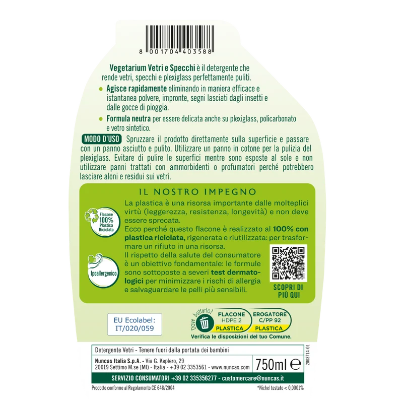 Vegetarium Detergente Specifico Vetri e Specchi - 750ml