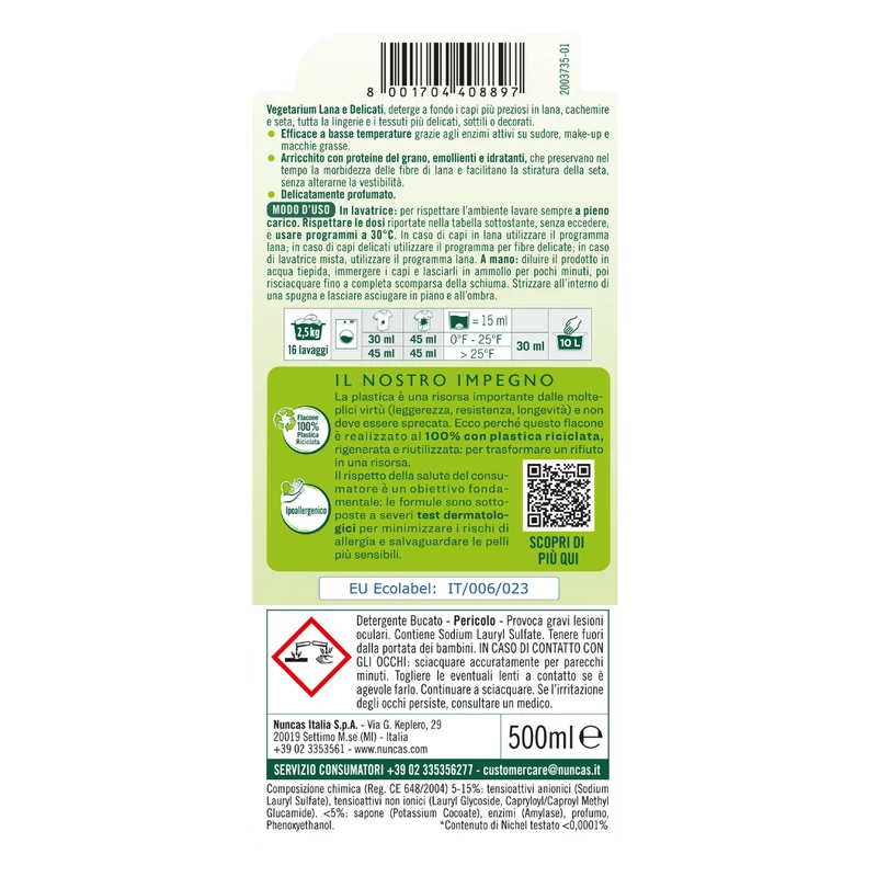 Vegetarium Detersivo a Mano e in Lavatrice Lana e Delicati - 500ml