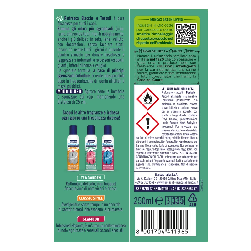 Rinfresca Giacche e Tessuti Spay Antiodore Tea Garden - 250ml