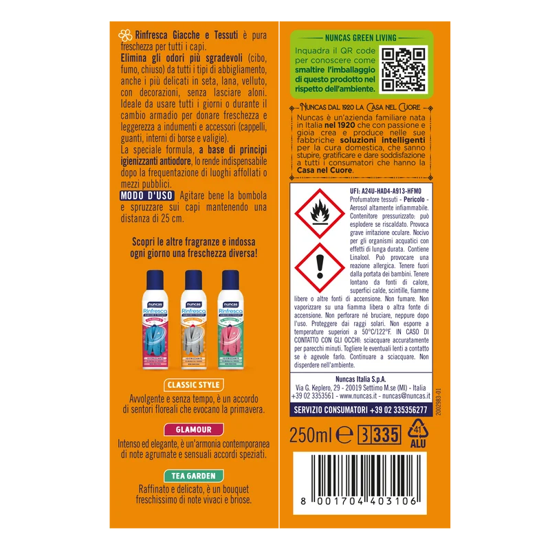 Rinfresca Giacche e Tessuti Spray Antiodore Classic Style - 250ml