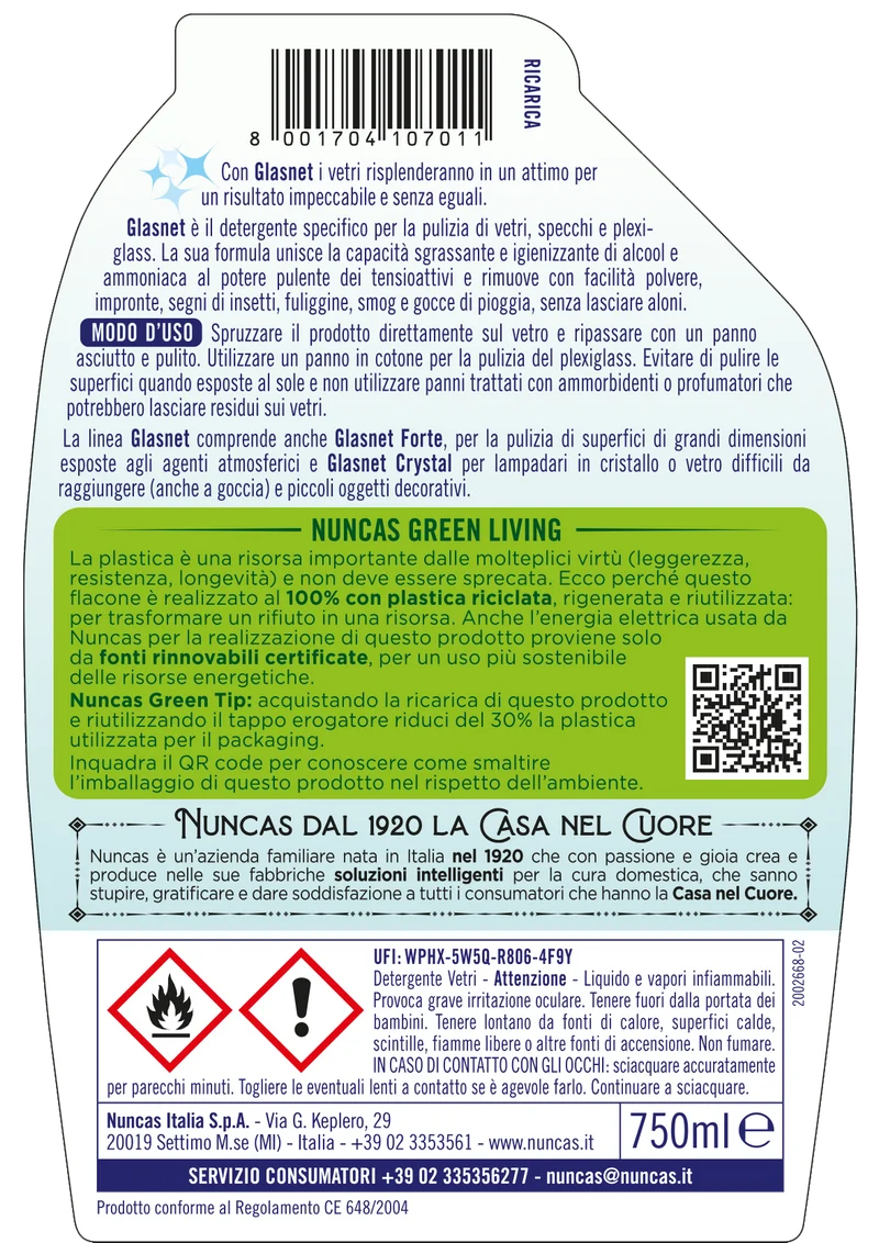 Glasnet Ricarica Detergente Vetri - 750ml