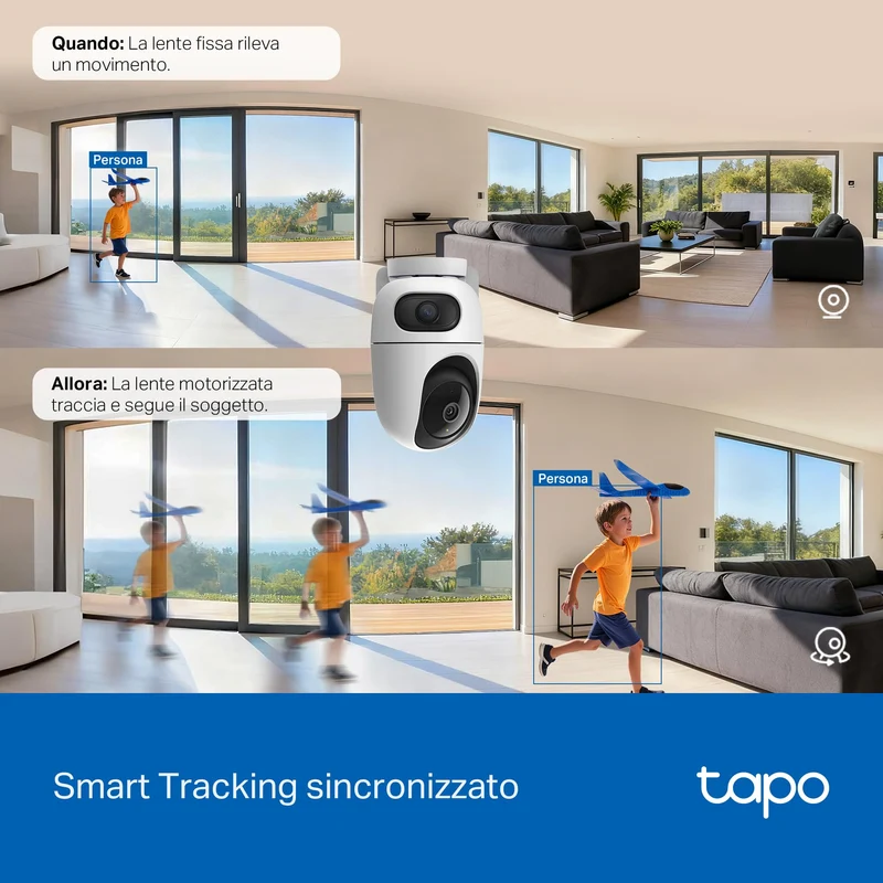 Tapo C245D Telecamera WiFi Interno Doppio Obiettivo 2K+2K, 360° PTZ