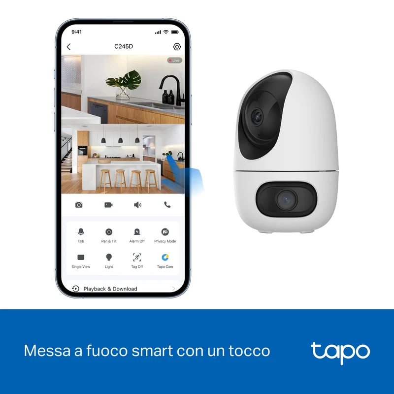 Tapo C245D Telecamera WiFi Interno Doppio Obiettivo 2K+2K, 360° PTZ