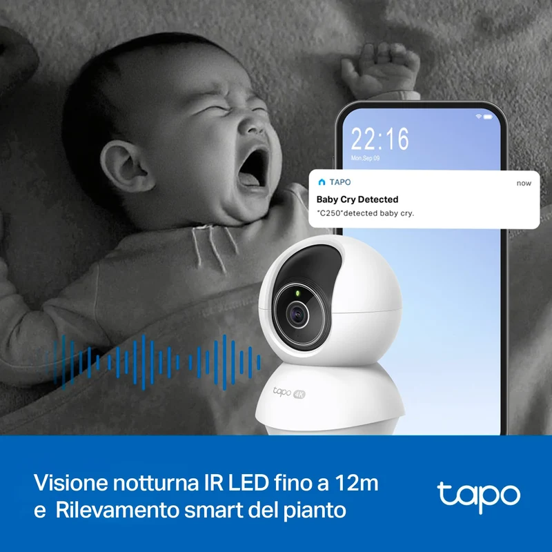 Tapo C250 Telecamera WiFi Interno 4K 8MP, 360° PTZ, Rilevamento AI