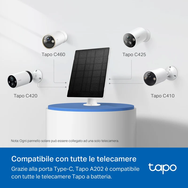 Tapo A202 Pannello Solare 4.5W per Telecamere a Batteria, IP65, Cavo 4m, Regolabile 360°