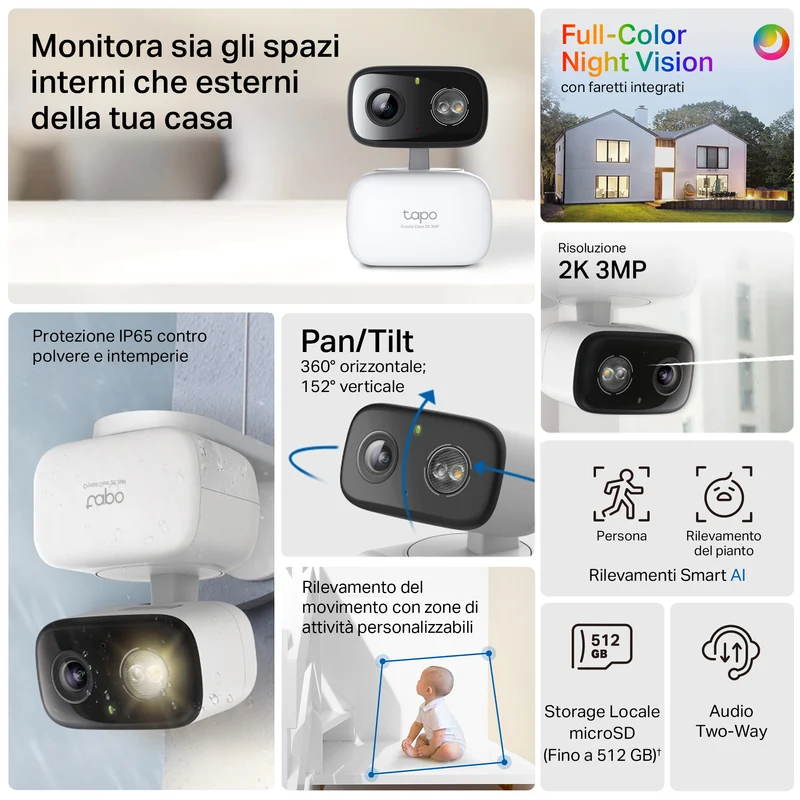 Tapo C216 Telecamera WiFi Interno/Esterno 2K 3MP, Visione a Colori, 360° PTZ