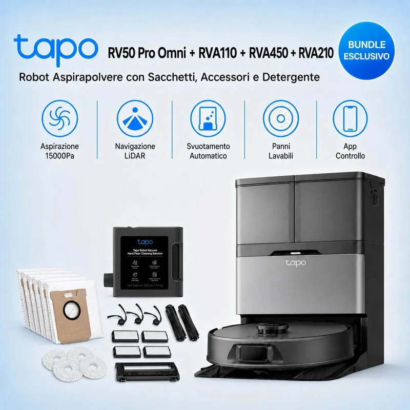 Tapo RV50 Pro Omni + RVA110 + RVA450 + RVA210 Set Robot Aspirapolvere con Sacchetti, Accessori e Detergente