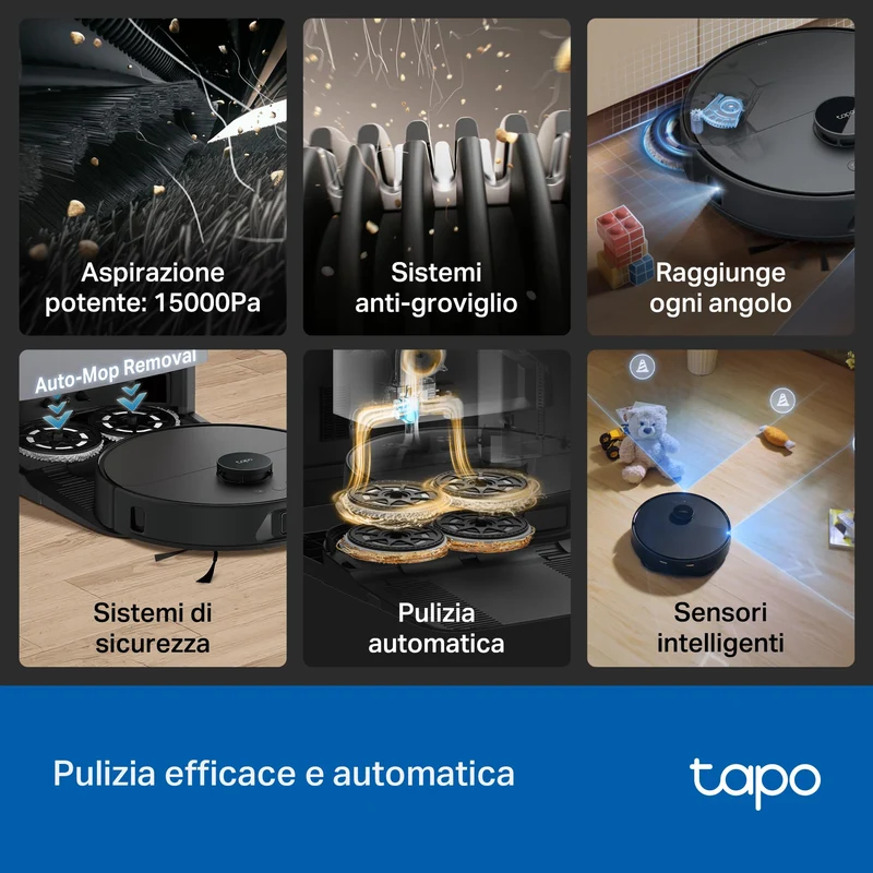 Tapo RV50 Pro Omni + RVA310 Set Robot Aspirapolvere Lavapavimenti con Panni Lavabil