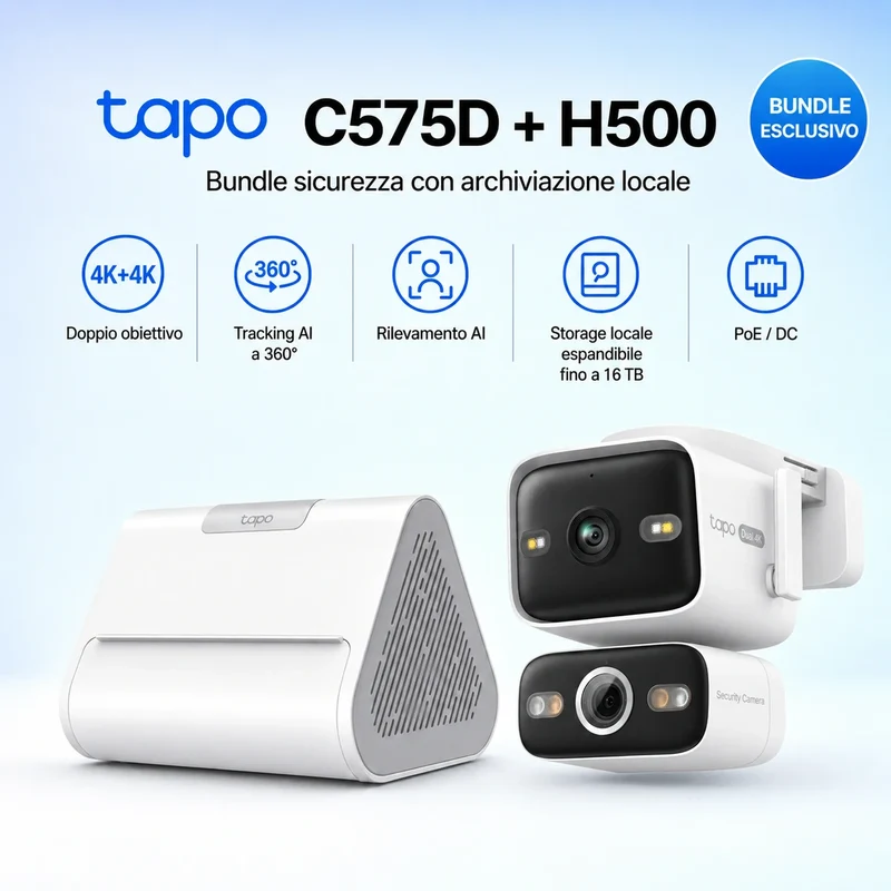Tapo C575D + H500 HomeBase – Kit Sicurezza 4K Dual-Lens con Storage Locale