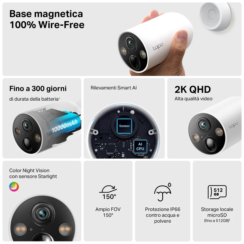 Tapo C425 Telecamera WiFi Esterno 2K 4MP Batteria, Base Magnetica