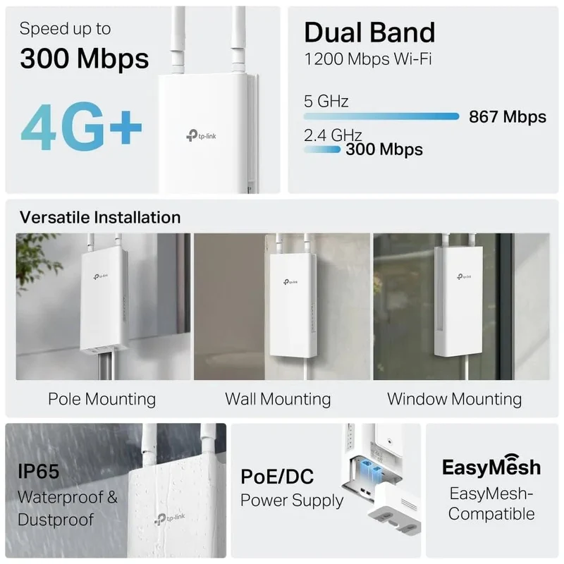 Archer MR500-Outdoor Router 4G+ da Esterno, Wi-Fi AC1200 Dual Band, PoE/DC, IP65