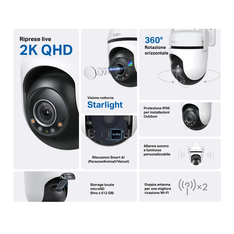 Tapo C520WS Telecamera WiFi Esterno 2K 4MP, Starlight, 360° PTZ, 2pz