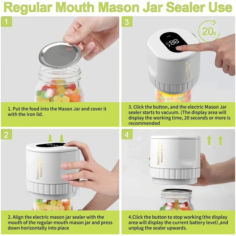 Electric Mason Jar Vacuum Sealer Jar Vacuum Sealer Kit Cordless Canning Vacuum Sealer Electric Automatic for Home Kitchen Tools