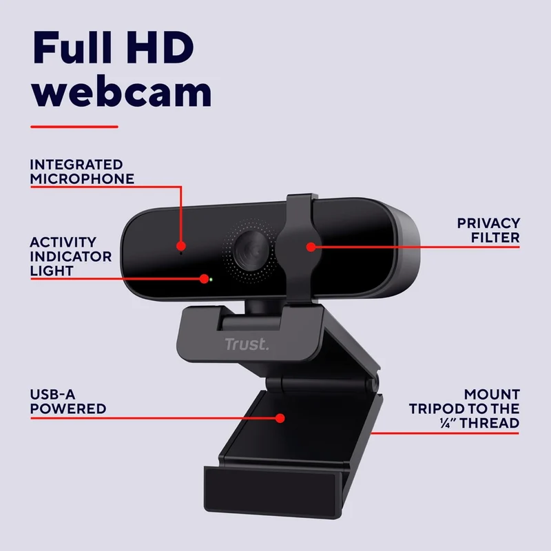 Trust Tanor 1080p Webcam PC con Microfono, Web Camera PC USB con Filtro Privacy, Fuoco Fisso 30 FPS, Plastica Riciclata 85%, Videocamera Full HD per Laptop Desktop Mac Windows Skype Zoom Teams