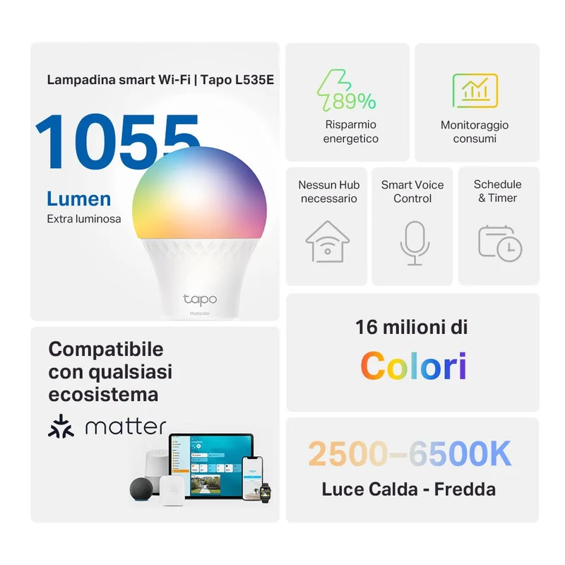 Tapo L535E Lampadina Smart Matter E27 Multicolore 1055lm 75W Alexa Google