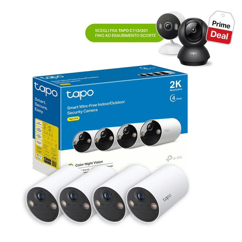 Tapo C410 Telecamera Wi-Fi Esterno a Batteria 2K 3MP, Visione Notturna a Colori, 4pz
