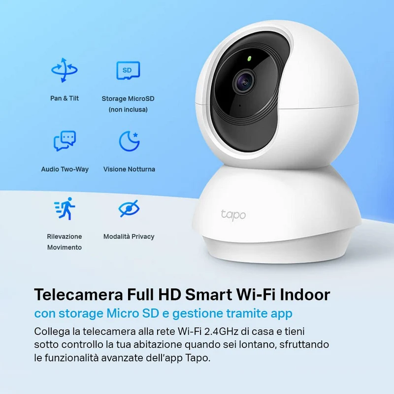 Tapo C200 Telecamera Wi-Fi Interno 1080P FHD, 360° Visuale, MicroSD fino a 512GB