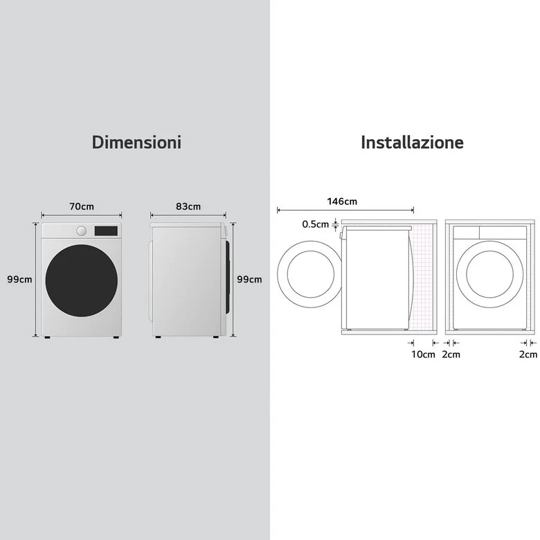 LG F0P3020TSWC Serie P3 Lavatrice XL A Libera Installazione 20 Kg, 1000 Giri, AI DD™, TurboWash 360, Lavaggio A Vapore, Wi-Fi, Classe B, Bianco