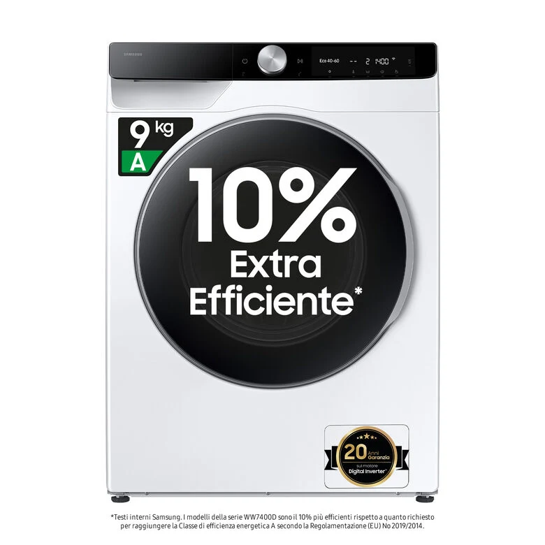 Samsung WW90DG6U85LKU3 Lavatrice A Libera Installazione 9 Kg, 1400 Giri, AI Control, AI Ecobubble™, AI Wash, Classe A-10%, Bianco