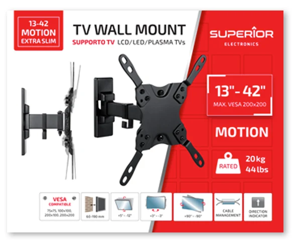 Superior Staffa Tv 13"- 42" Motion Extra Slim Acciaio 20Kg Smart Tv Led Monitor