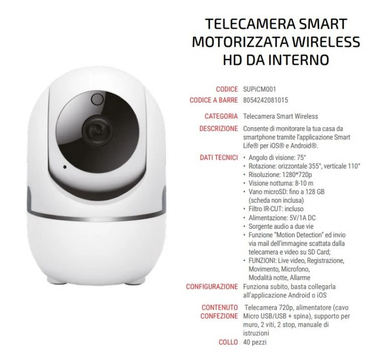 Superior Security | Telecamera Wifi Da Interno 360° Hd Ip Alexa Google Smartlife