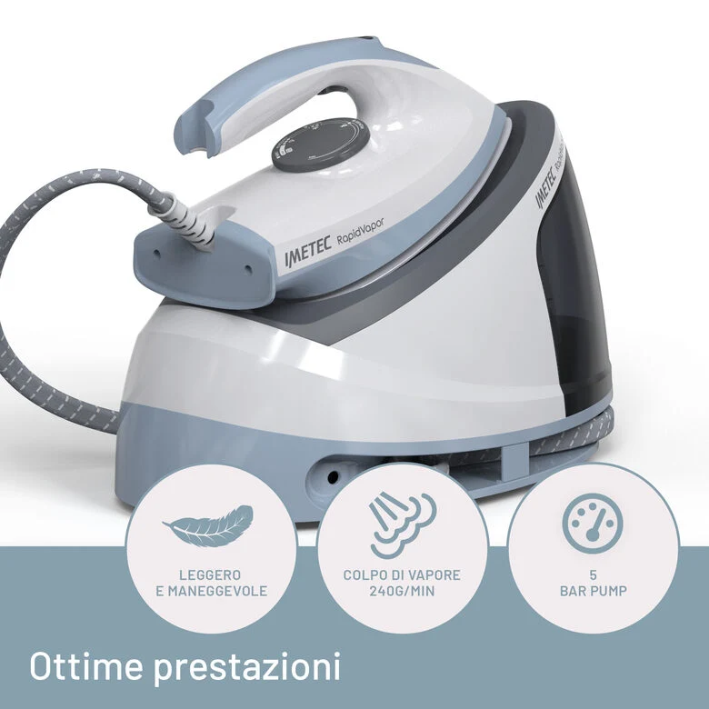 Imetec Sistema Stirante Rapidvapor, Piastra Fluid Ceramic, Rapido Riscaldamento, Leggero, 2400 W, Colpo Vapore 240 g