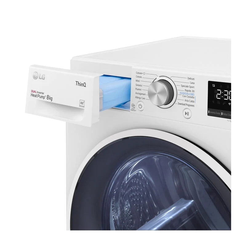 LG RH80V9AVHN Serie V9 Asciugatrice A Libera Installazione 8 Kg, Pompa Di Calore, Dual Inverter, Eco Hybrid, Condensatore Autopulente, Wi-Fi, Classe C, Bianco
