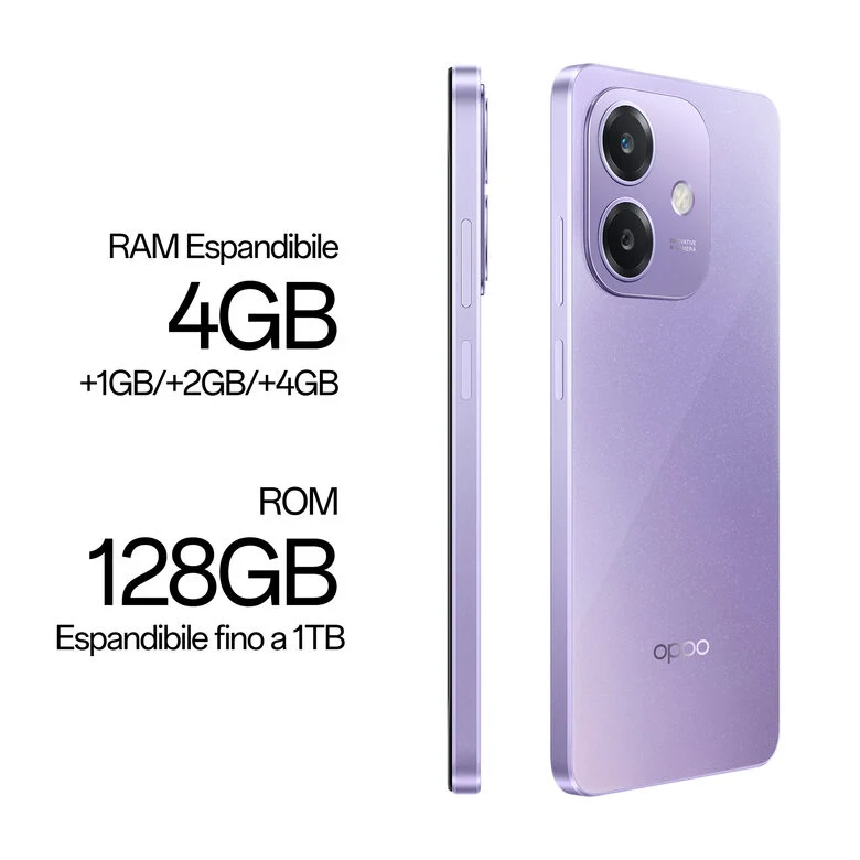 OPPO A40 Smartphone, Fotocamera AI 50MP, Selfie 5MP, Display 6.67” 90HZ LCD HD+, 5100mAh, RAM 4 Esp 8GB (+4GB Virtuali) +ROM 128GB, IP54, [Versione Italia], Starry Purple