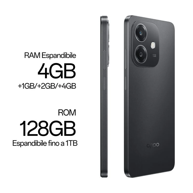 OPPO A40 Smartphone, Fotocamera AI 50MP, Selfie 5MP, Display 6.67” 90HZ LCD HD+, 5100mAh, RAM 4 Esp 8GB (+4GB Virtuali) +ROM 128GB, IP54, [Versione Italia], Sparkle Black