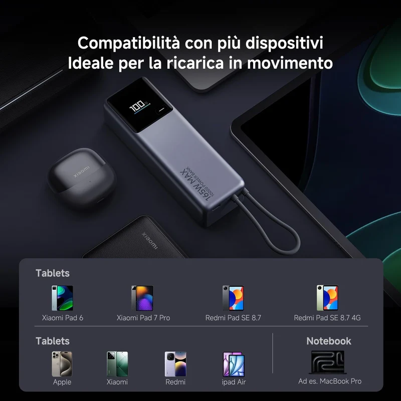 Xiaomi Xiaomi Power Bank 10000 MAh 165W Ricarica Rapida 3 porte USB-C 120W Portatile