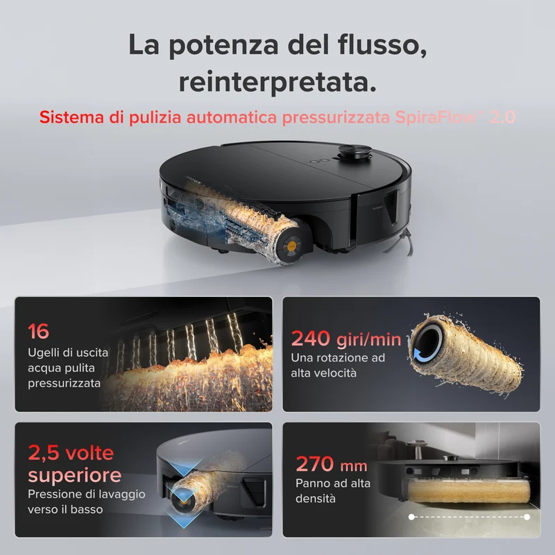 Roborock Saros 20 Flow Complete - Sistema di pulizia automatica pressurizzata SpiraFlow™ 2.0
