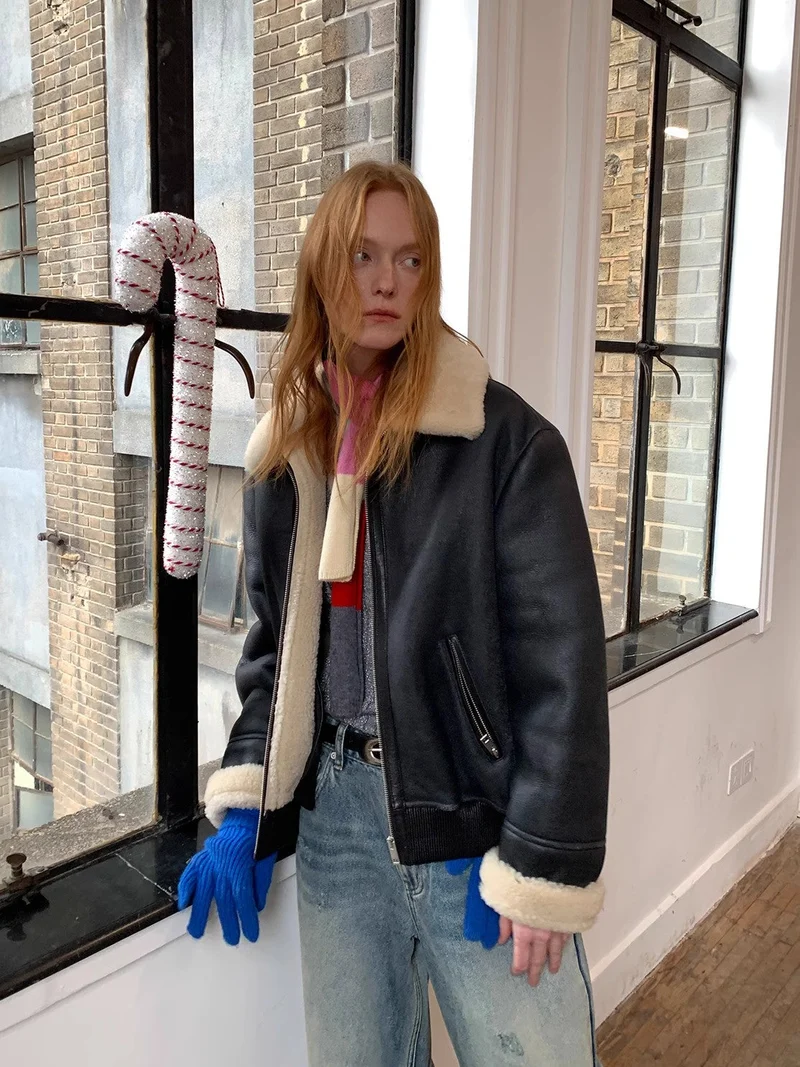 Motorcycle jacket merino fur short fur coat and 100 Languages I Love You Necklace