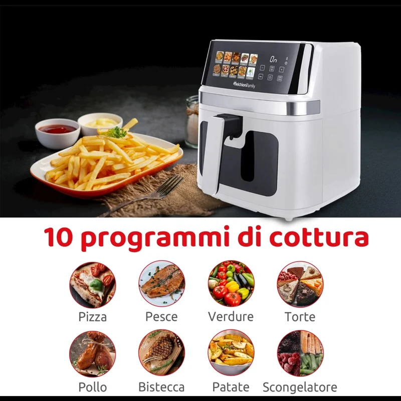 Melchioni Family GAIA PLUS Friggitrice ad Aria 8L XXL con Doppia Resistenza Air Fryer Senza Olio, 10 Programmi, Display LED, Timer 60 min, Temperatura 80°-200°C, 2200W