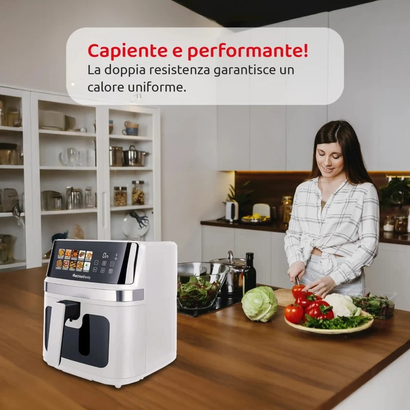 Melchioni Family GAIA PLUS Friggitrice ad Aria 8L XXL con Doppia Resistenza Air Fryer Senza Olio, 10 Programmi, Display LED, Timer 60 min, Temperatura 80°-200°C, 2200W