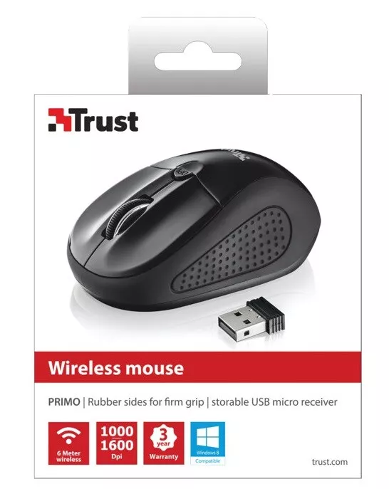 Mouse Trust Primo Wireless Senza Filo Ambidestro Ottico Windows PC Mac 1600 DPI
