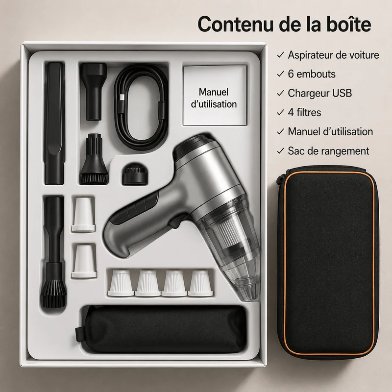Aspirateur Voiture Sans Fil Puissant 95 000 PA - Compact & Portable