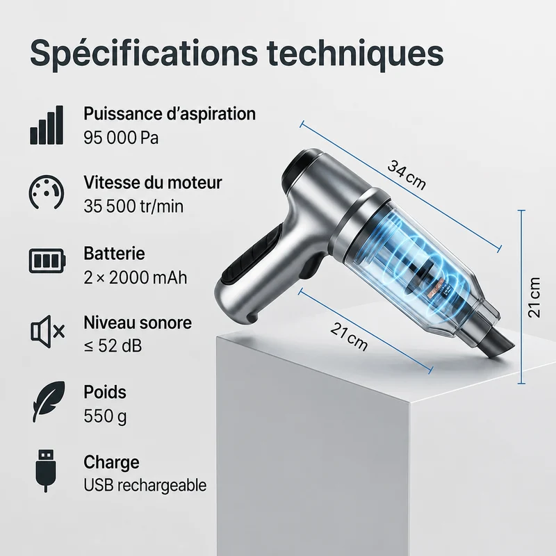 Aspirateur Voiture Sans Fil Puissant 95 000 PA - Compact & Portable