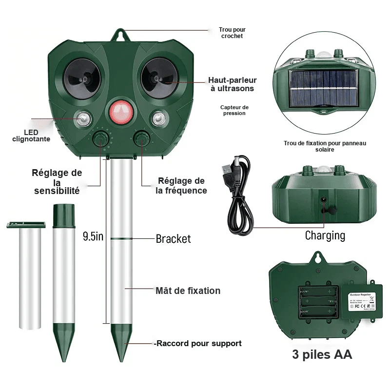 Répulsif à Oiseaux Ultrasonique Solaire - Protection Jardin Efficace