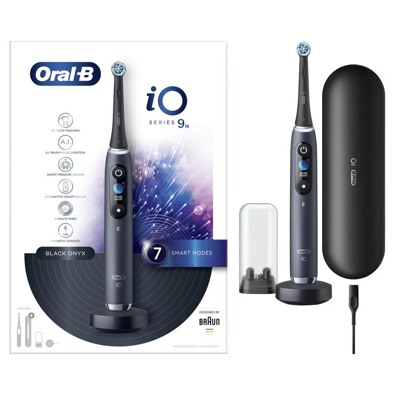 Oral-B iO - 9n - Spazzolino Elettrico Ricaricabile, 1 Spazzolino Nero Esclusivo Con Tecnologia Magnetica Rivoluzionaria, Display A Colori, 1 Testina, 1 Custodia Da Viaggio Con Caricatore