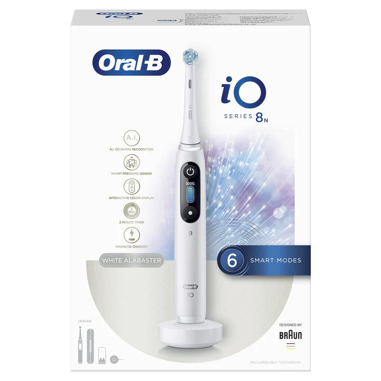 Oral-B iO - 8n - Spazzolino Elettrico Ricaricabile, 1 Spazzolino Bianco Esclusivo Con Tecnologia Magnetica Rivoluzionaria, Display A Colori, 1 Testina, 1 Custodia Da Viaggio Premium