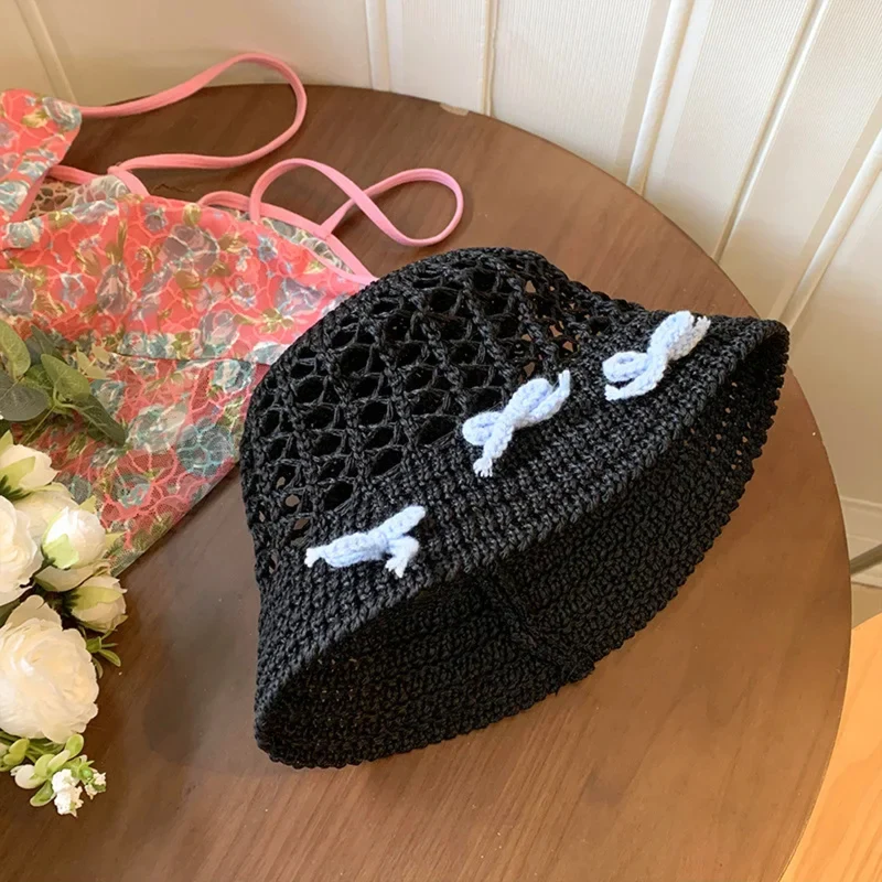 Open-Weave Bow Crochet Bucket Hat
