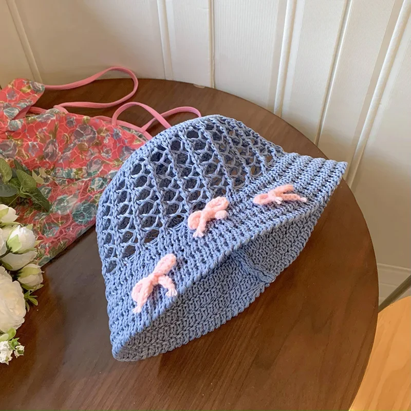 Open-Weave Bow Crochet Bucket Hat
