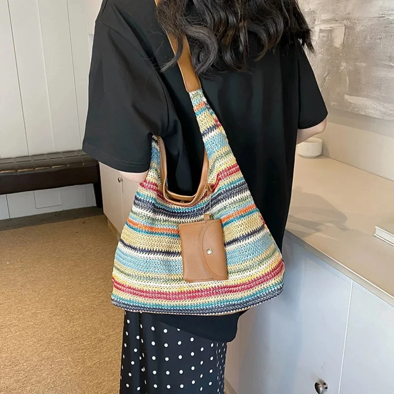 Striped Crochet Hobo Shoulder Bag