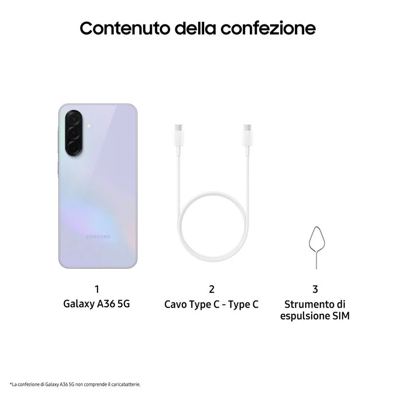 Samsung Galaxy A36 5G, Smartphone con Funzioni intelligenti, Display Super AMOLED 6.7”, 6GB RAM, 128GB, Camera 50MP, Batteria 5.000 mAh, IP67, Awesome Lavender