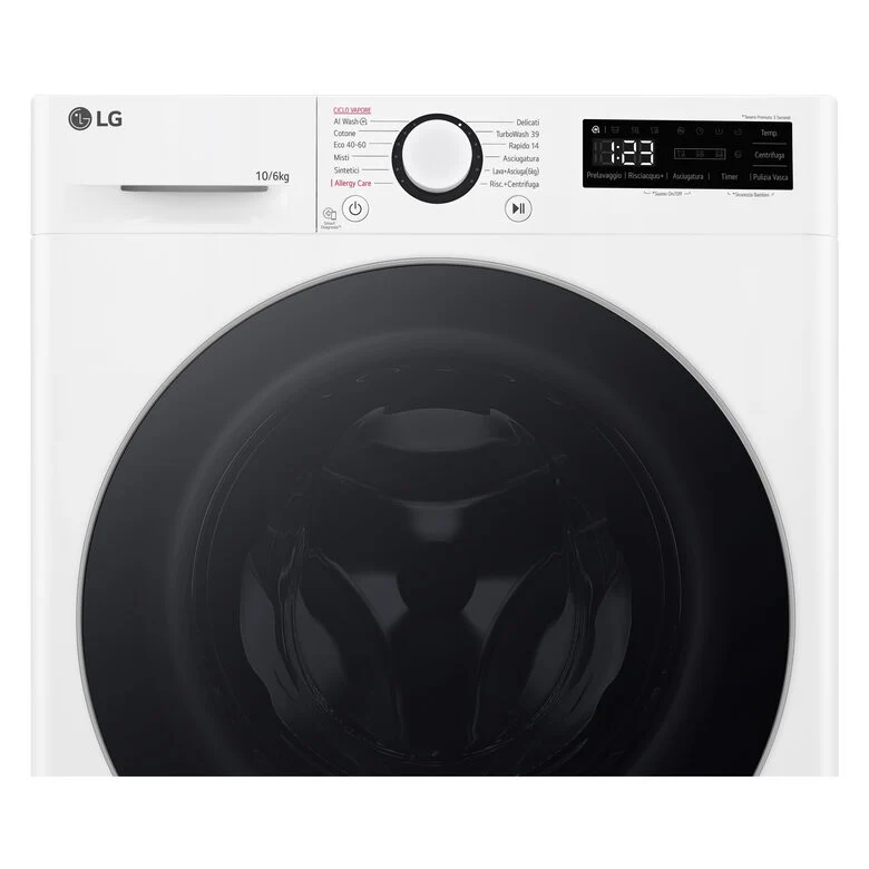 LG D4R5010TSWS Lavasciuga 10/6kg AI DD, Serie R5 Classe D, 1400 giri, TurboWash 360, Vapore, Eco Hybrid, Bianca