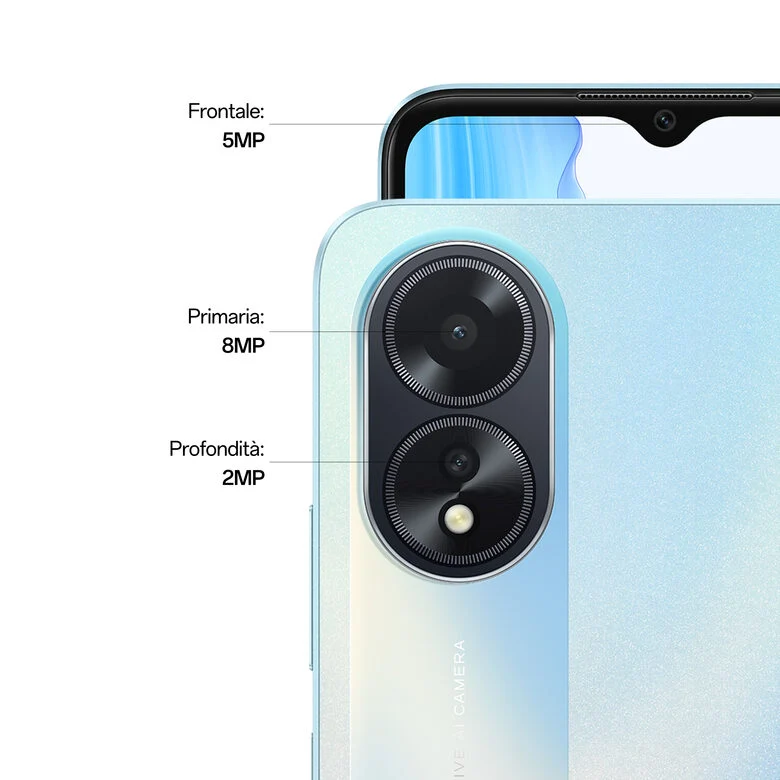 OPPO A18 4G Smartphone, AI Doppia fotocamera 8+2MP, Selfie 5MP, Display 6.56” 90HZ LCD HD+, 5000mAh, RAM 8 GB (4+4) + ROM 128GB, IP54, [Versione Italia],Glowing Blue