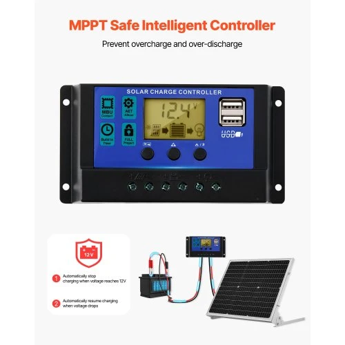 50W 12V solcellsbatteri underhållsladdare, mono solpanel batteriladdare med uppgraderad MPPT-kontroller och justerbar monteringsfäste, IP65 vattentät för bil båt husvagn hustak | EU