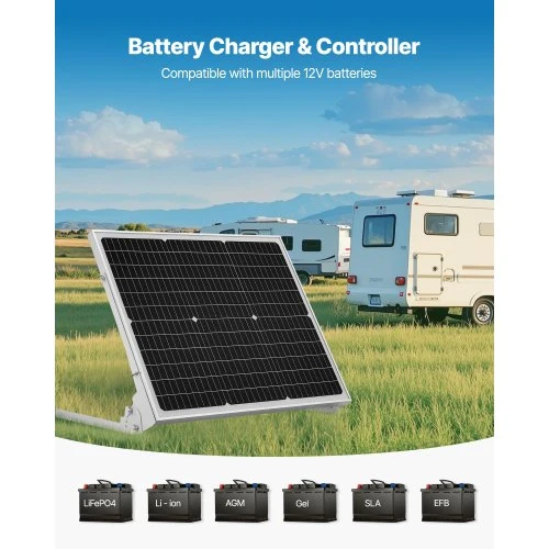 50W 12V solcellsbatteri underhållsladdare, mono solpanel batteriladdare med uppgraderad MPPT-kontroller och justerbar monteringsfäste, IP65 vattentät för bil båt husvagn hustak | EU