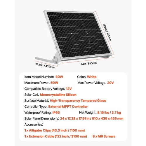 50W 12V solcellsbatteri underhållsladdare, mono solpanel batteriladdare med uppgraderad MPPT-kontroller och justerbar monteringsfäste, IP65 vattentät för bil båt husvagn hustak | EU